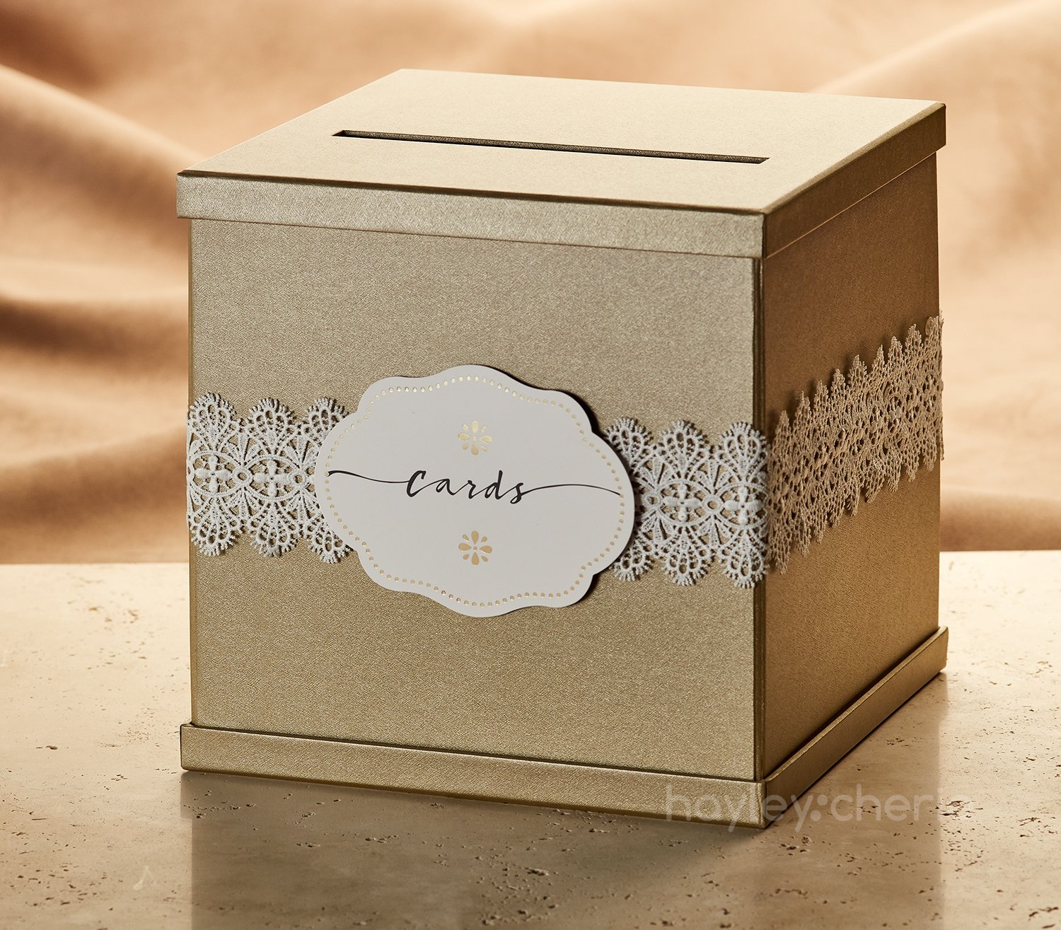 Gold Gift Card Box with White Lace and Cards Label – 10″ x 10″