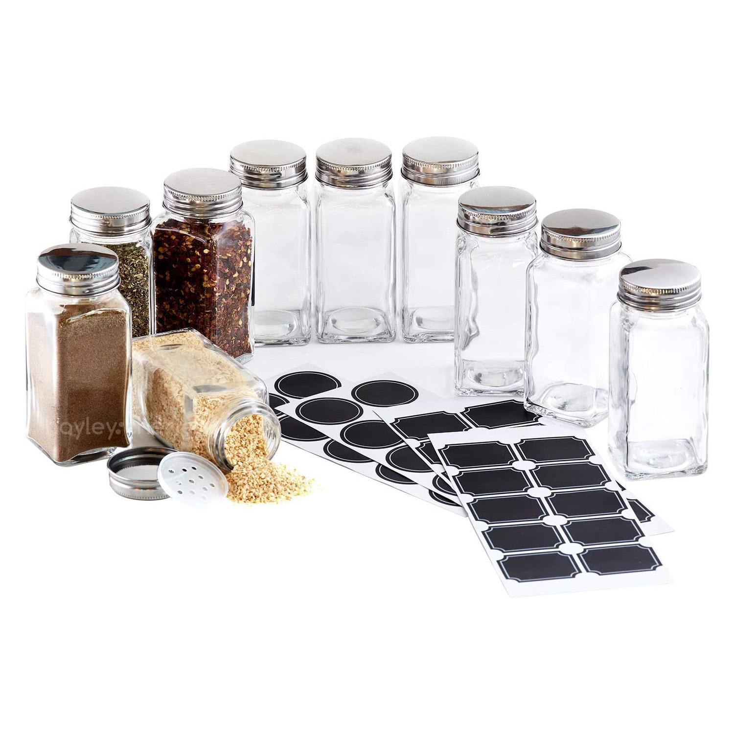 Spice Jar Set 6 Clear Glass Wood Lid 3 Tall Hold 6oz Flat Side