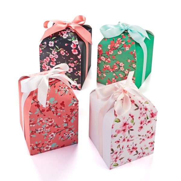 floral treat boxes with ribbons with curved lid green black red white