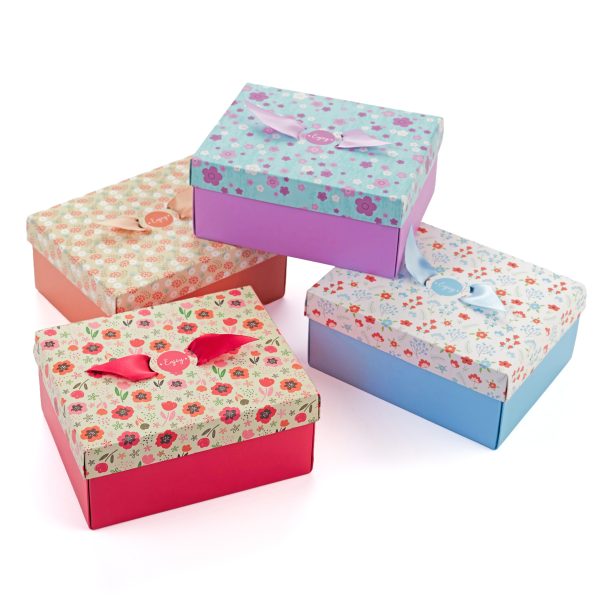 Shoe box style treat boxes with ribbons rectangular floral red orange blue purple