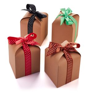 curved kraft treat boxes with ribbons green black red brown